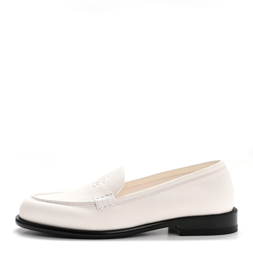 Chanel Lambskin CC Mocassin Loafers 38.5 White
