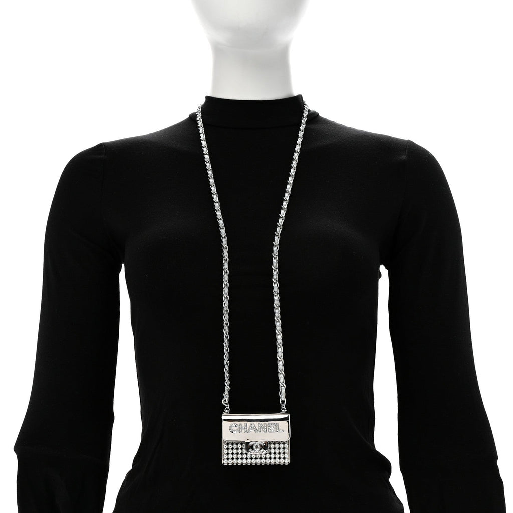 Chanel Metal Lambskin Strass Crystal Purse CC Long Necklace Silver