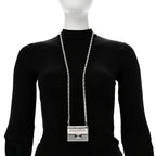 Chanel Metal Lambskin Strass Crystal Purse CC Long Necklace Silver