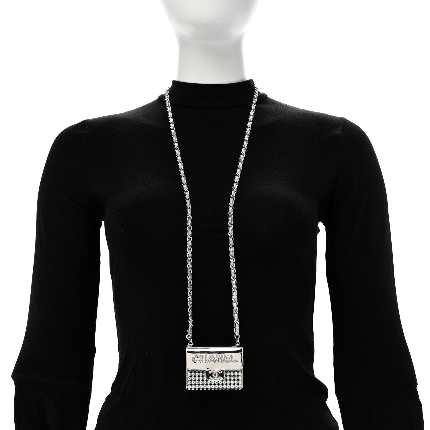 Chanel Metal Lambskin Strass Crystal Purse CC Long Necklace Silver