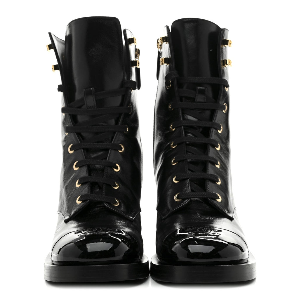Chanel Shiny Calfskin Patent Cap Toe Lace Up Combat Boots 39 Black