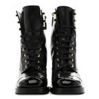 Chanel Shiny Calfskin Patent Cap Toe Lace Up Combat Boots 39 Black