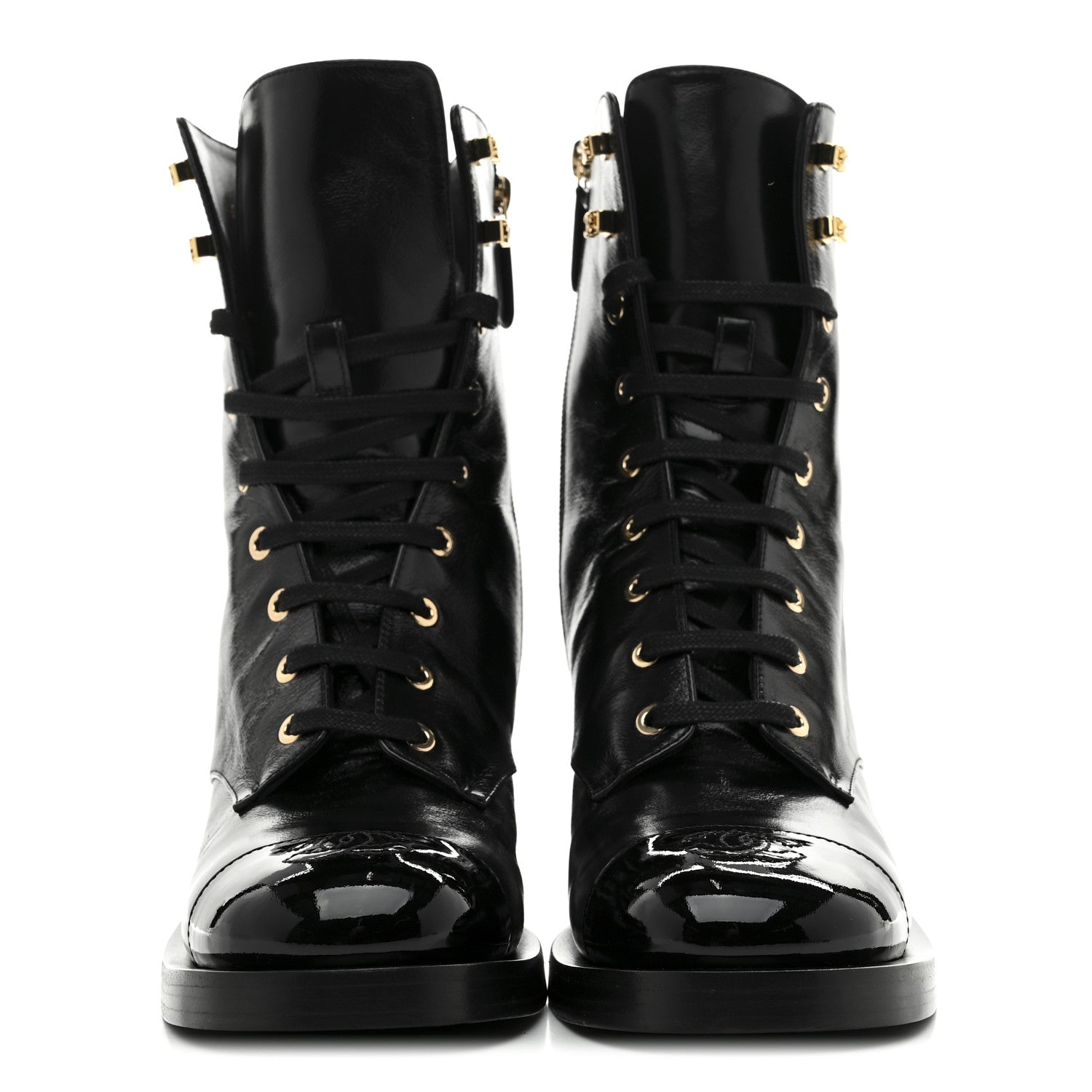 Chanel Shiny Calfskin Patent Cap Toe Lace Up Combat Boots 39 Black
