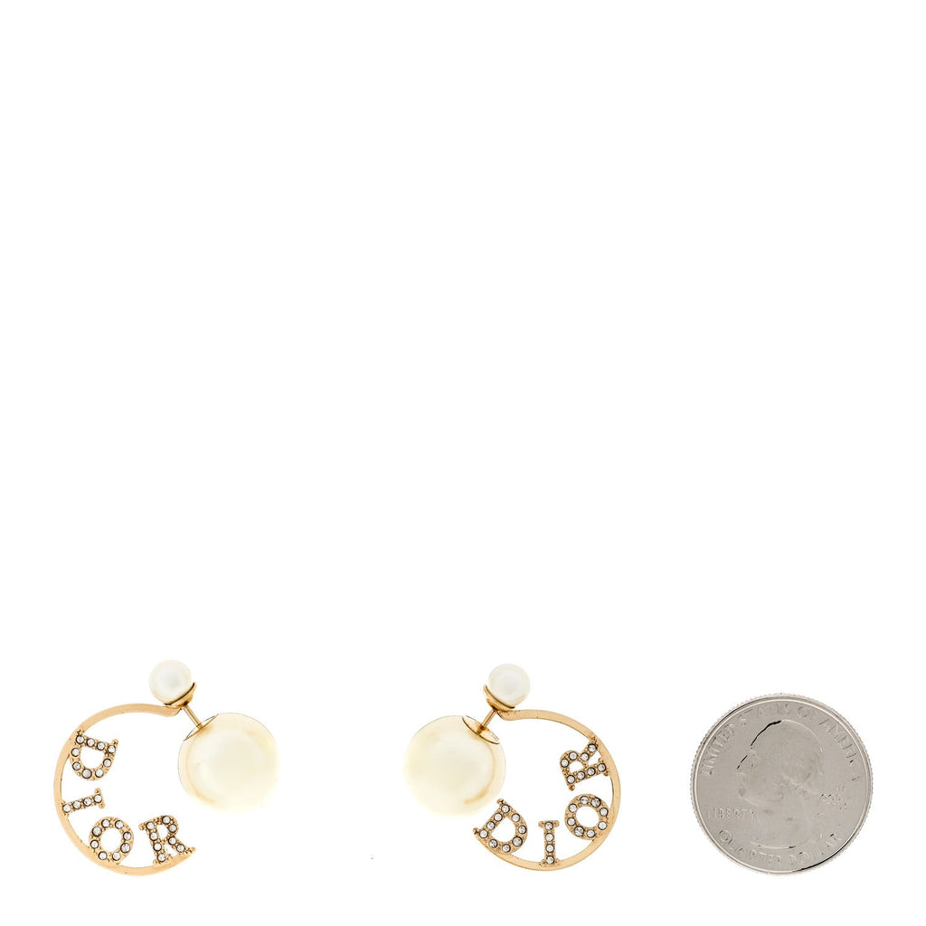 Christian Dior Metal Pearl Crystal Logo Tribales Earrings Gold