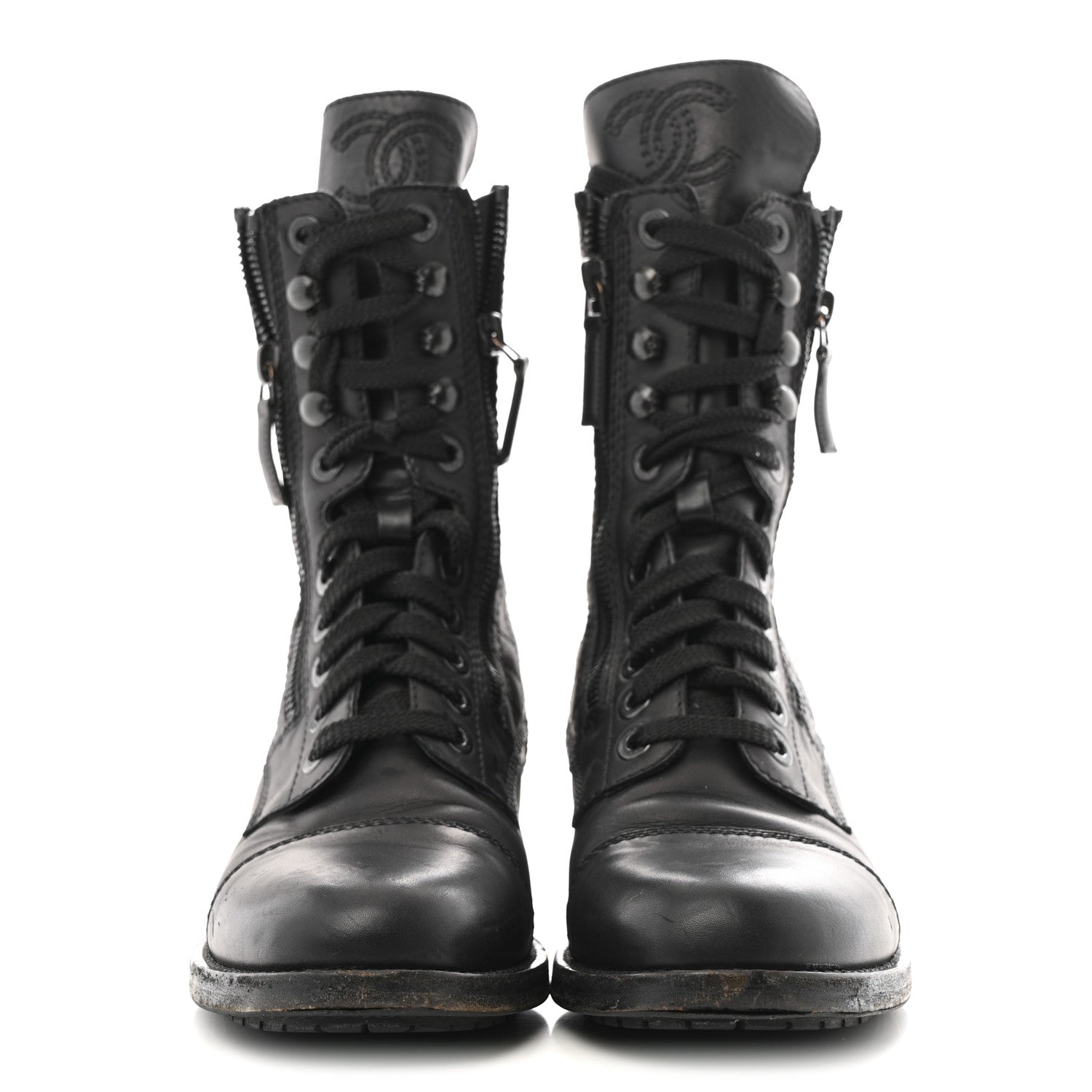 Chanel Calfskin Quilted Lace Up Combat Boots  38 Black