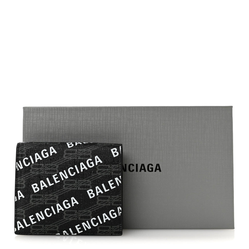 Balenciaga Coated Canvas BB Monogram Allover Logo Card Holder Wallet Black Grey White