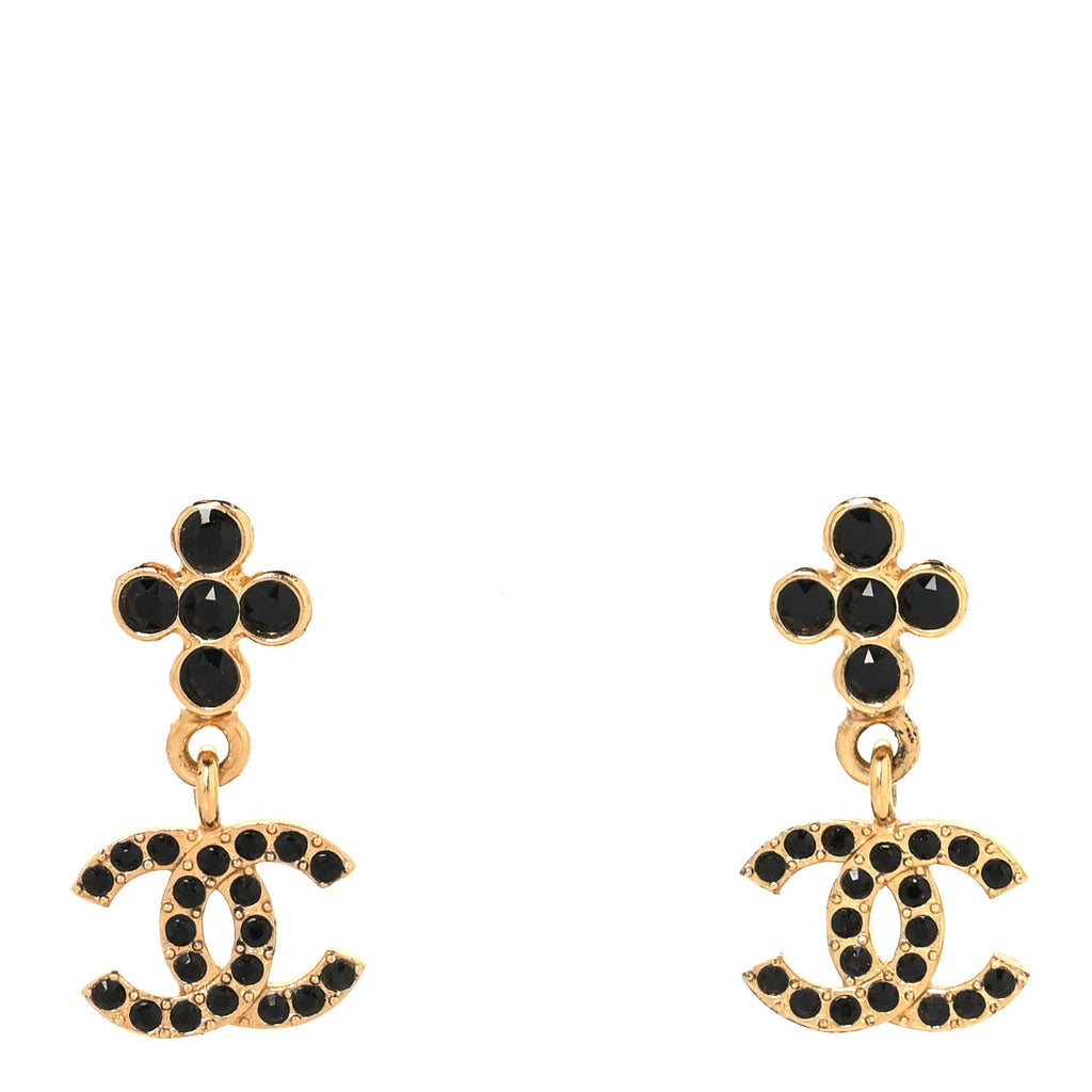Chanel Crystal CC Drop Earrings Gold Black
