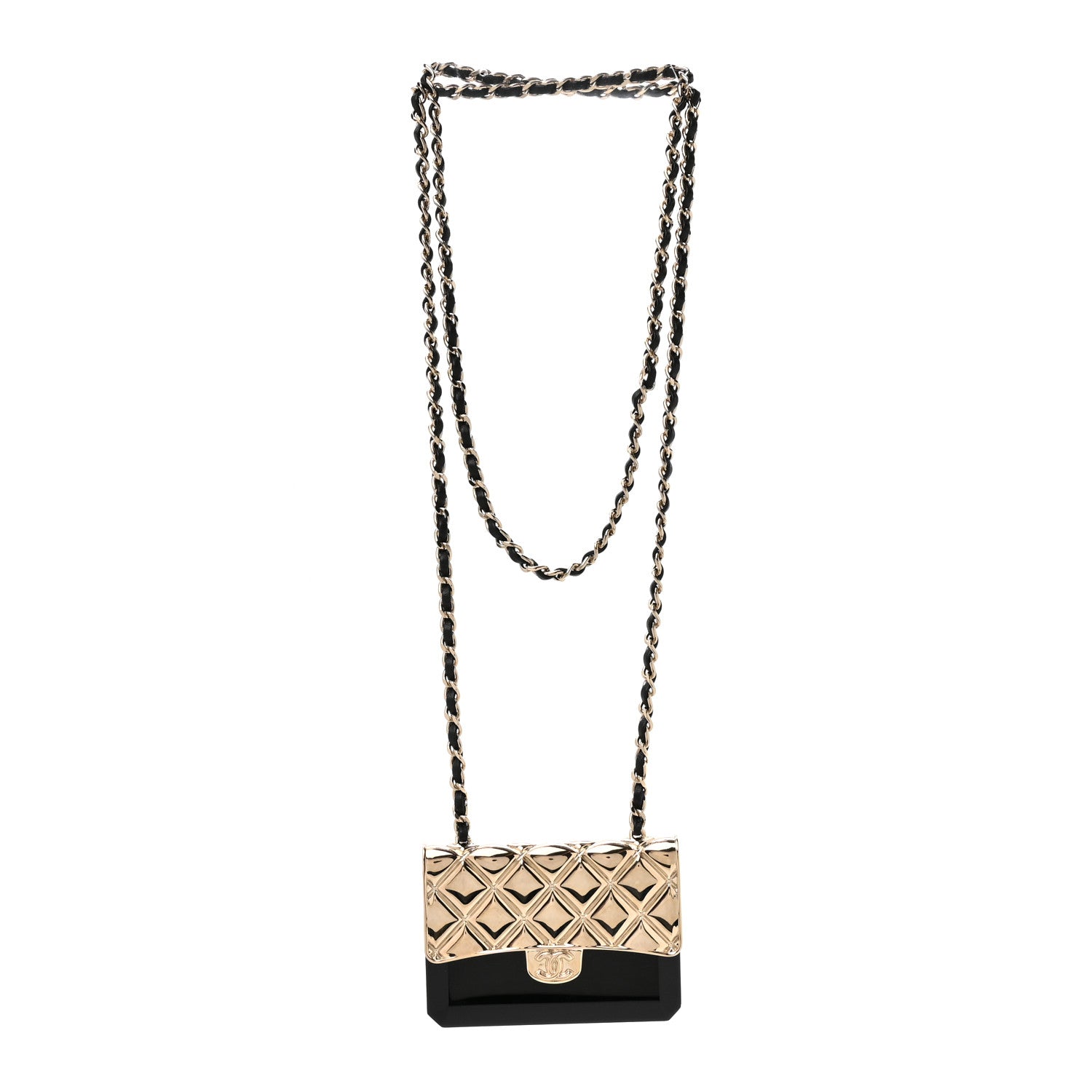 Chanel Metal Resin Lambskin Flap Bag Long Necklace Gold Black
