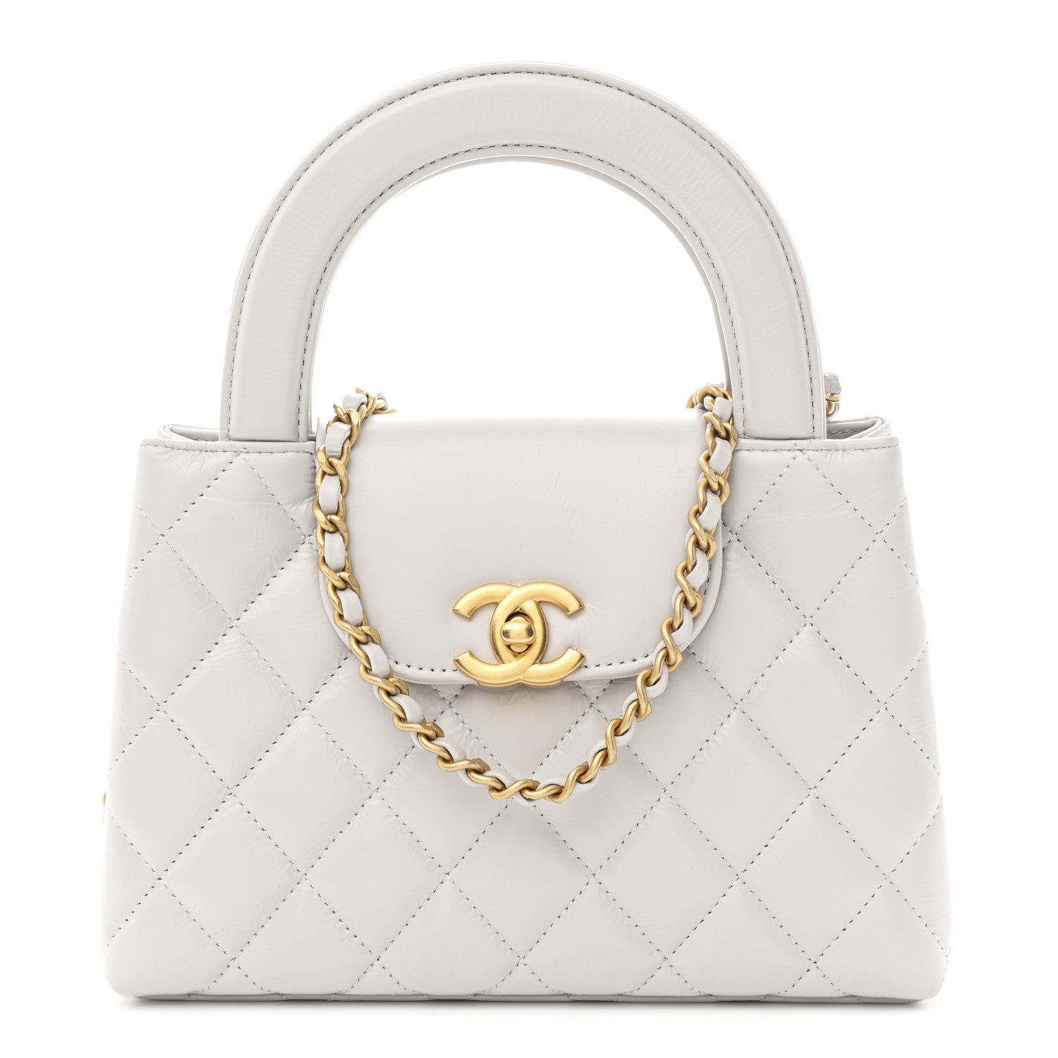 Chanel Shiny Aged Calfskin Quilted Nano Kelly Shopper Light Grey