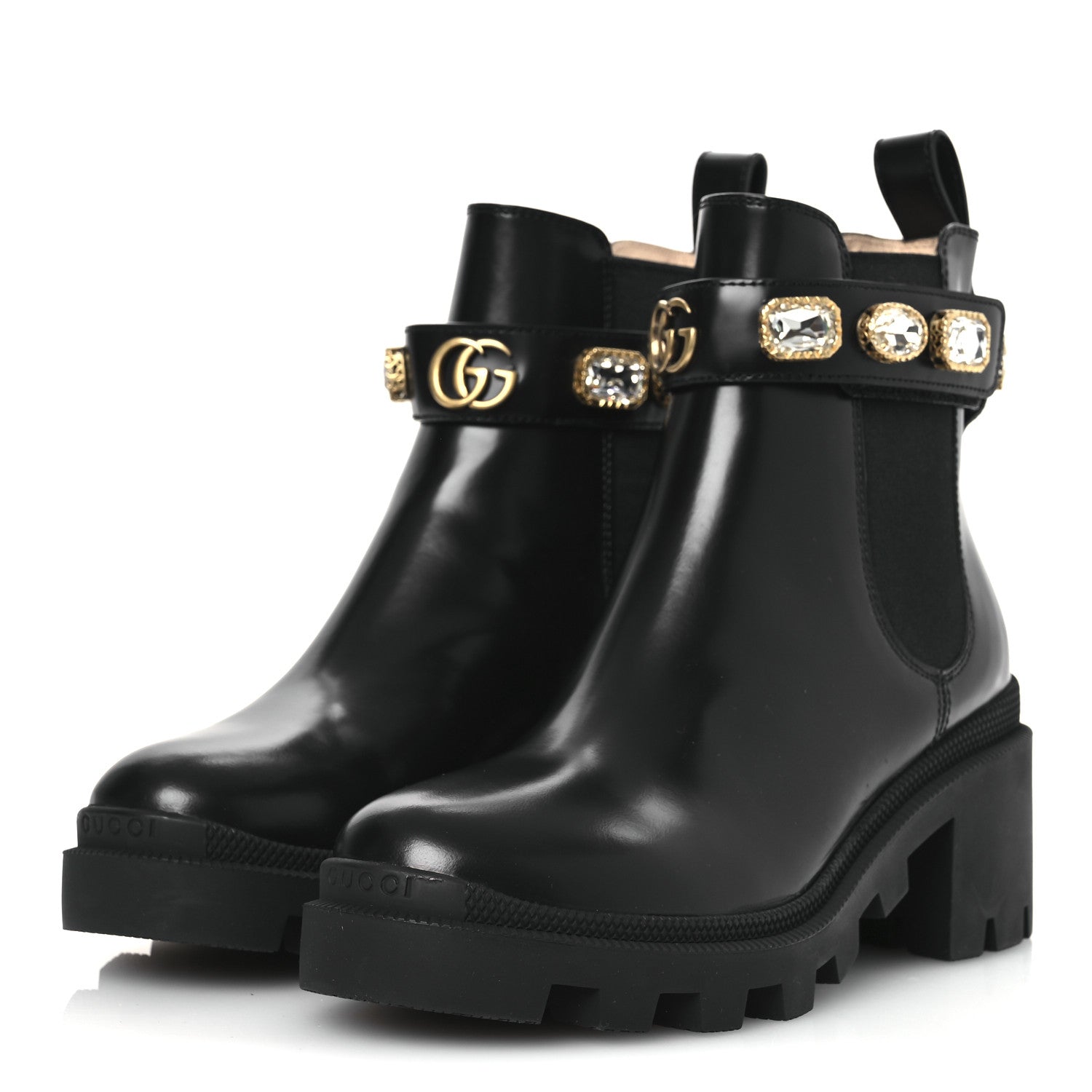 Gucci Calfskin Crystal GG Trip Chelsea Ankle Boots 35.5 Black