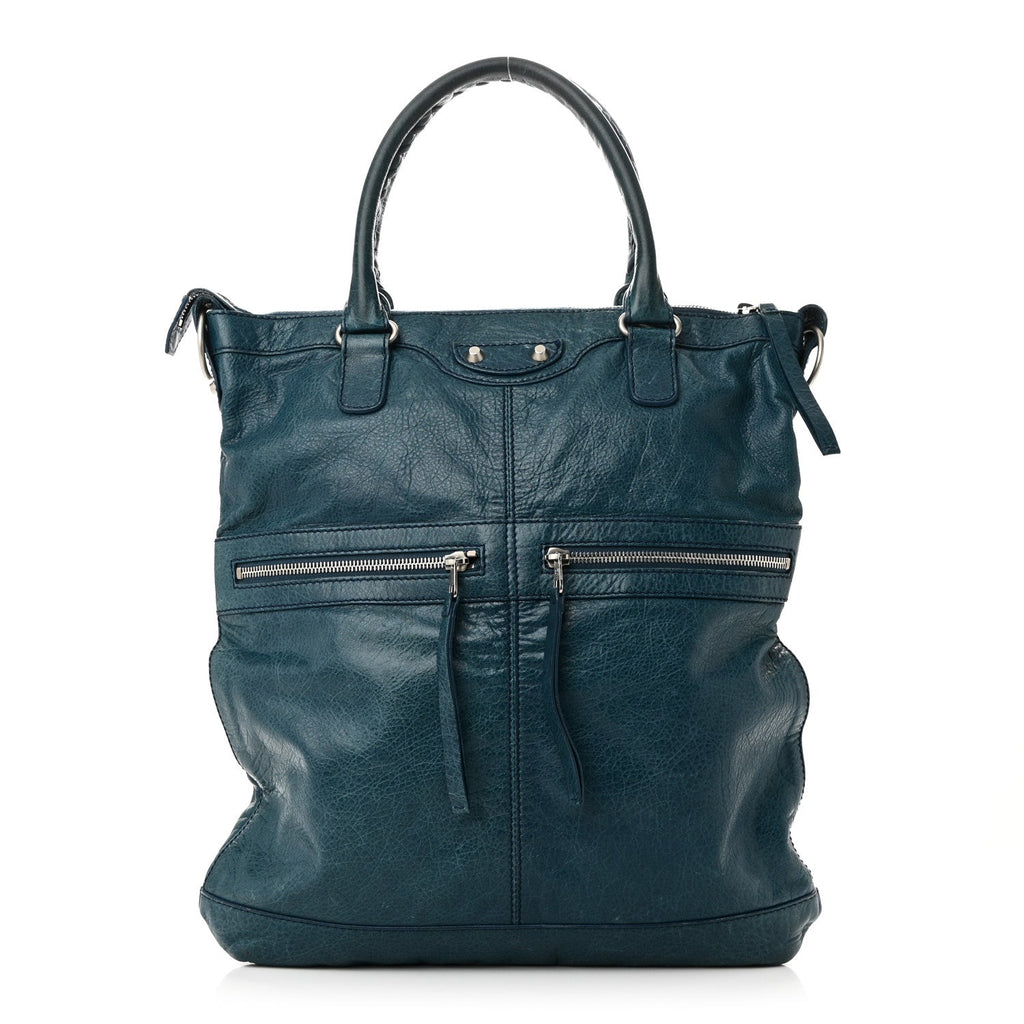 Balenciaga Agneau Classic Silver Hardware Square Tote Bleu Mineral