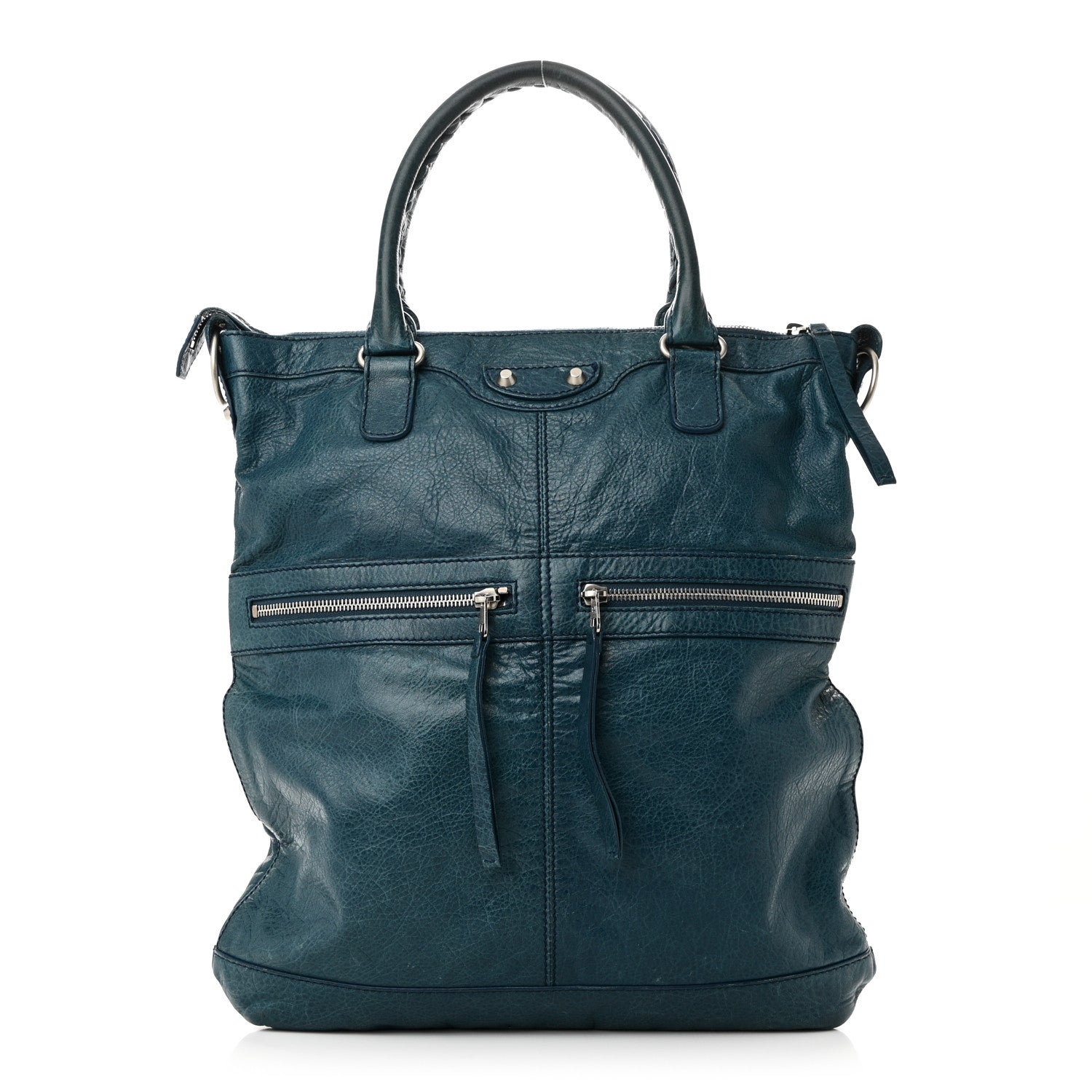 Balenciaga Agneau Classic Silver Hardware Square Tote Bleu Mineral