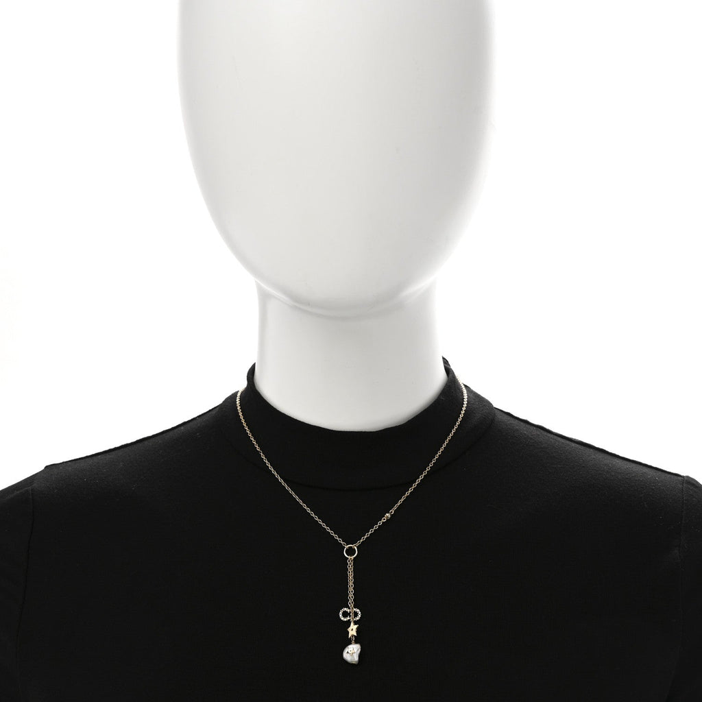 Christian Dior Crystal Pearl CD Shiny-D Tribal Long Necklace Gold