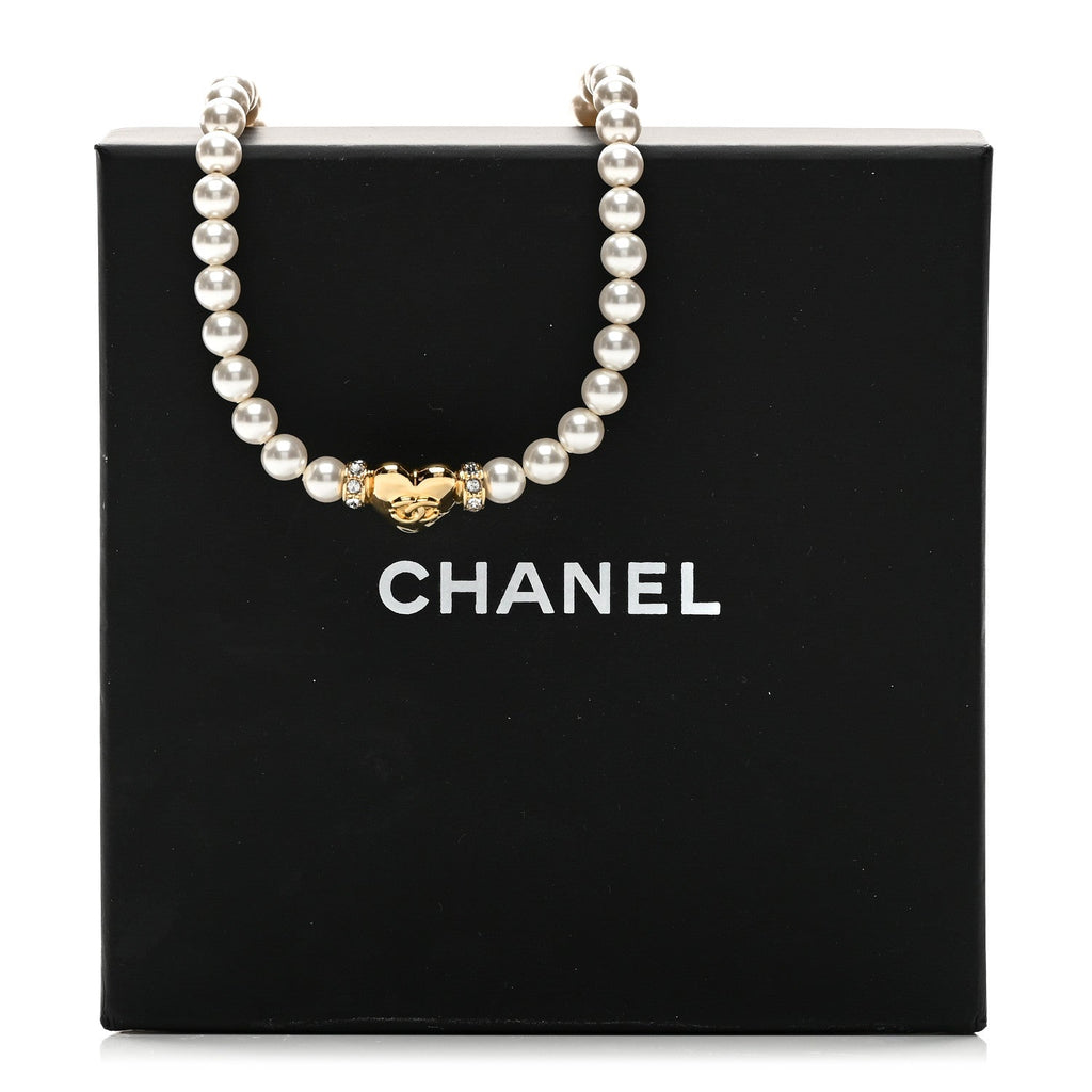 Chanel Crystal Pearl CC Heart Choker Necklace Gold