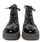 Chanel Grained Calfskin Shiny Calfskin CC Lace Up Combat Boots 41 Gray Black