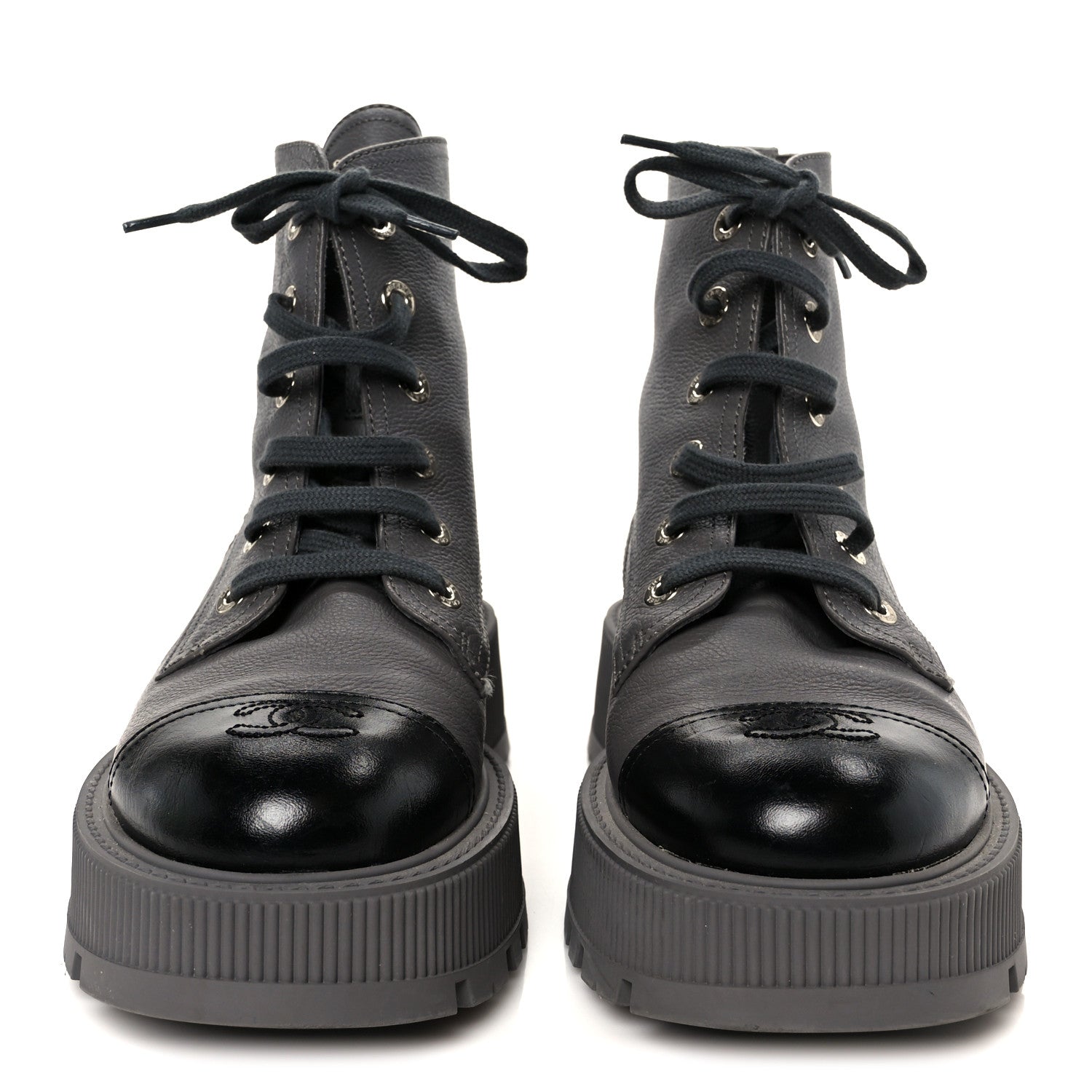 Chanel Grained Calfskin Shiny Calfskin CC Lace Up Combat Boots 41 Gray Black