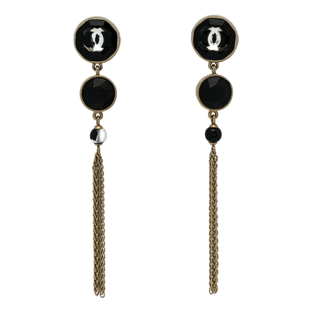 Chanel Crystal CC Chain Tassel Drop Earrings Gold Black