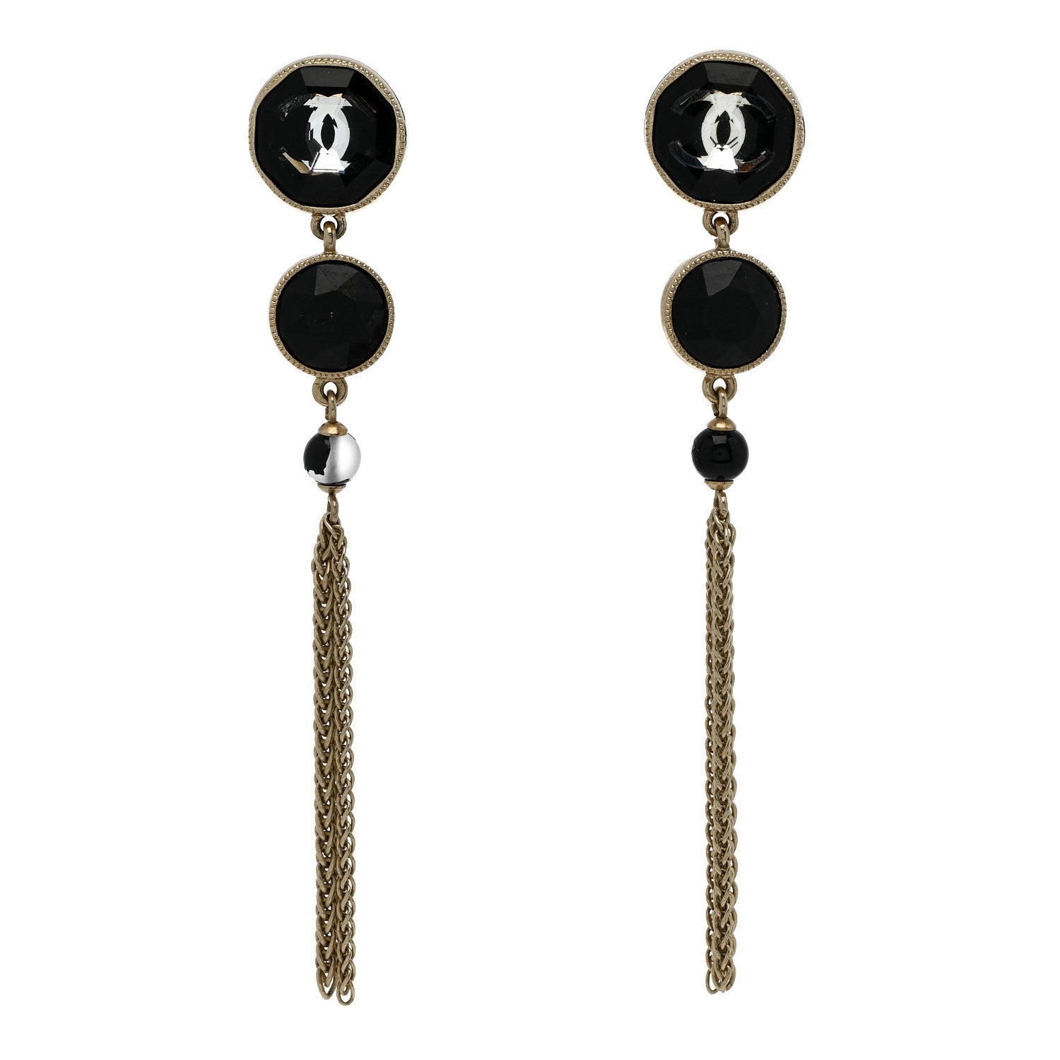 Chanel Crystal CC Chain Tassel Drop Earrings Gold Black