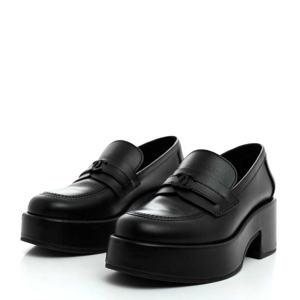 Chanel Calfskin CC Platform Loafers 36 Black