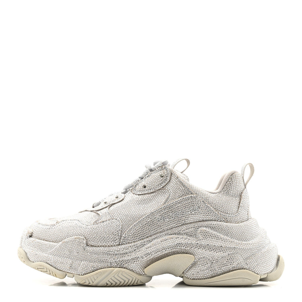 Balenciaga Microfiber Strass Embellished Womens Triple S Sneakers 39 Light Grey
