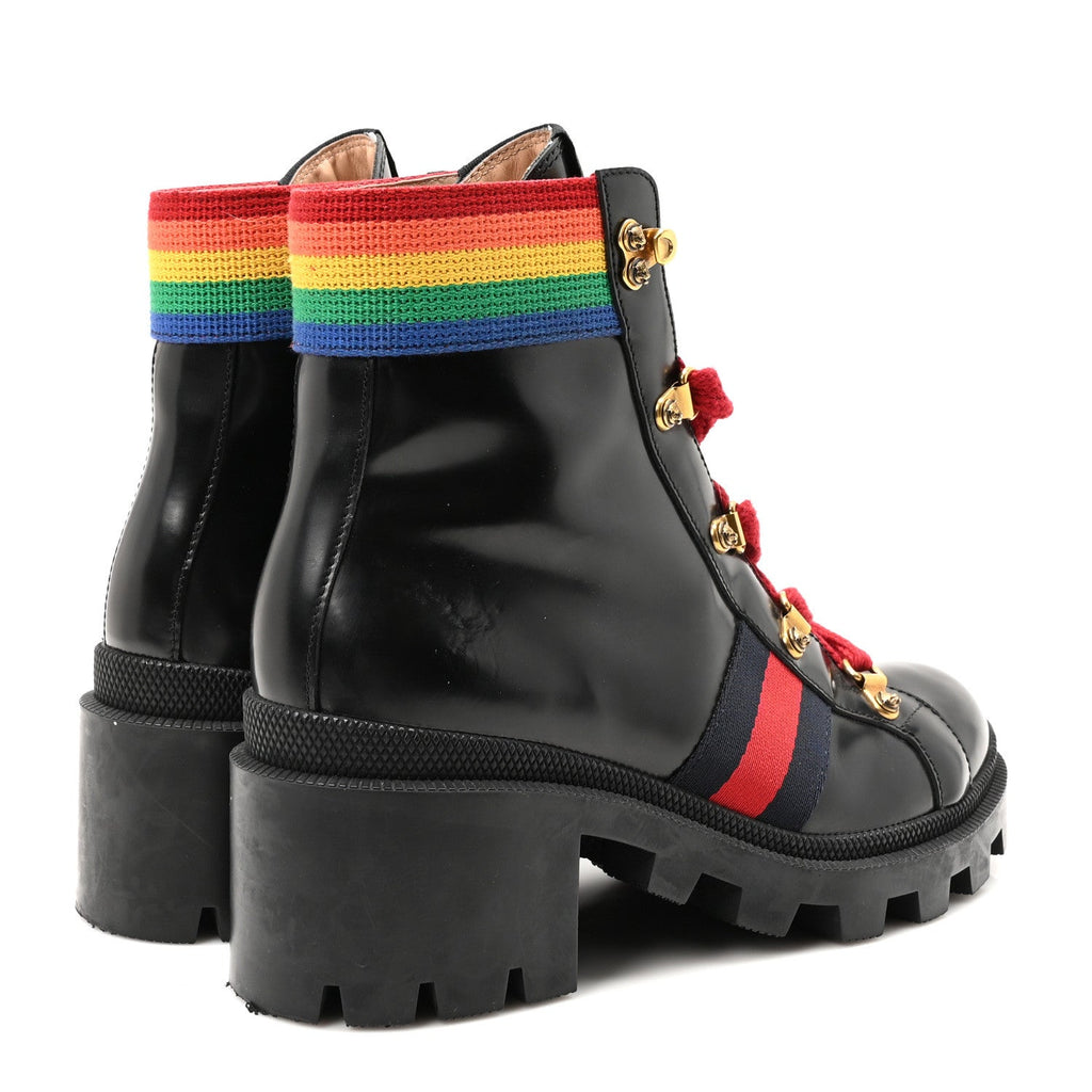 Gucci Calfskin Rainbow Trip Lace Up Combat Boots 36 Black