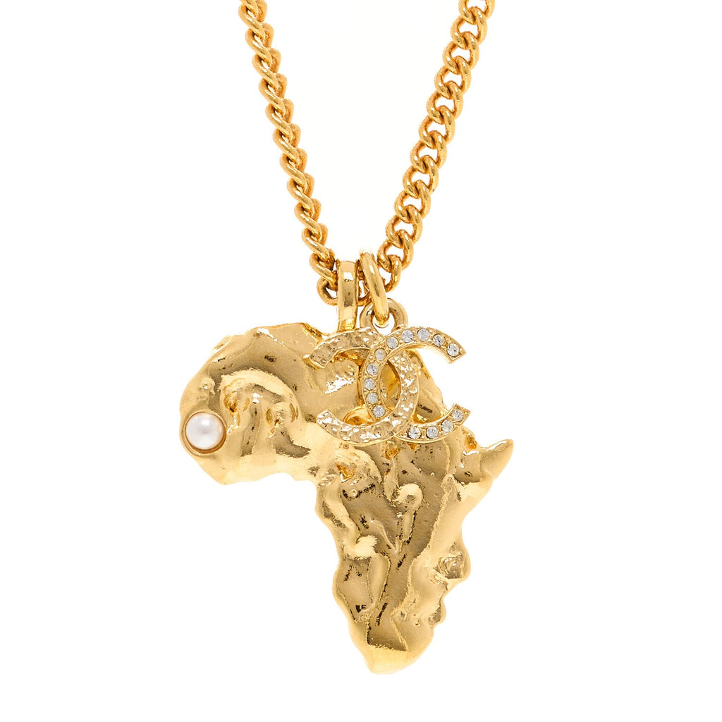 Chanel Metal Pearl Crystal CC Dakar Pendant Necklace Gold White