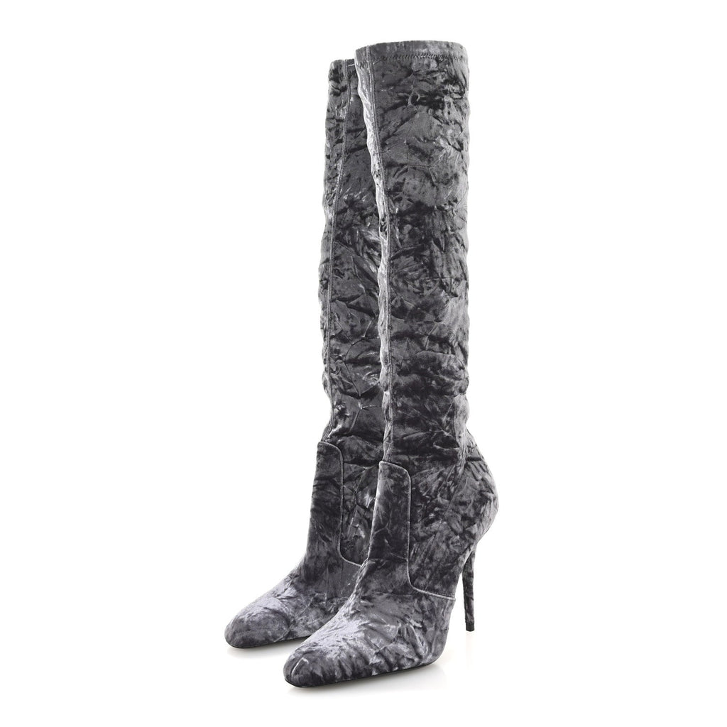 Saint Laurent Velvet Ella Knee High Boots 37.5 Cool Grey