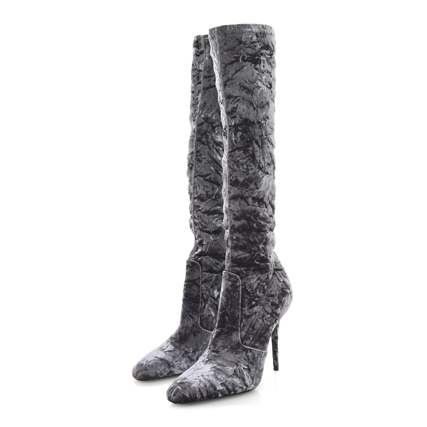 Saint Laurent Velvet Ella Knee High Boots 37.5 Cool Grey