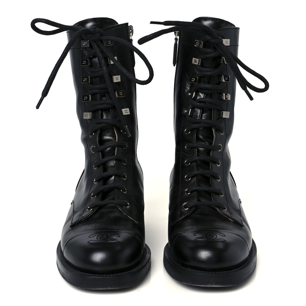 Chanel Calfskin Lace Up Combat Boots 38 Black