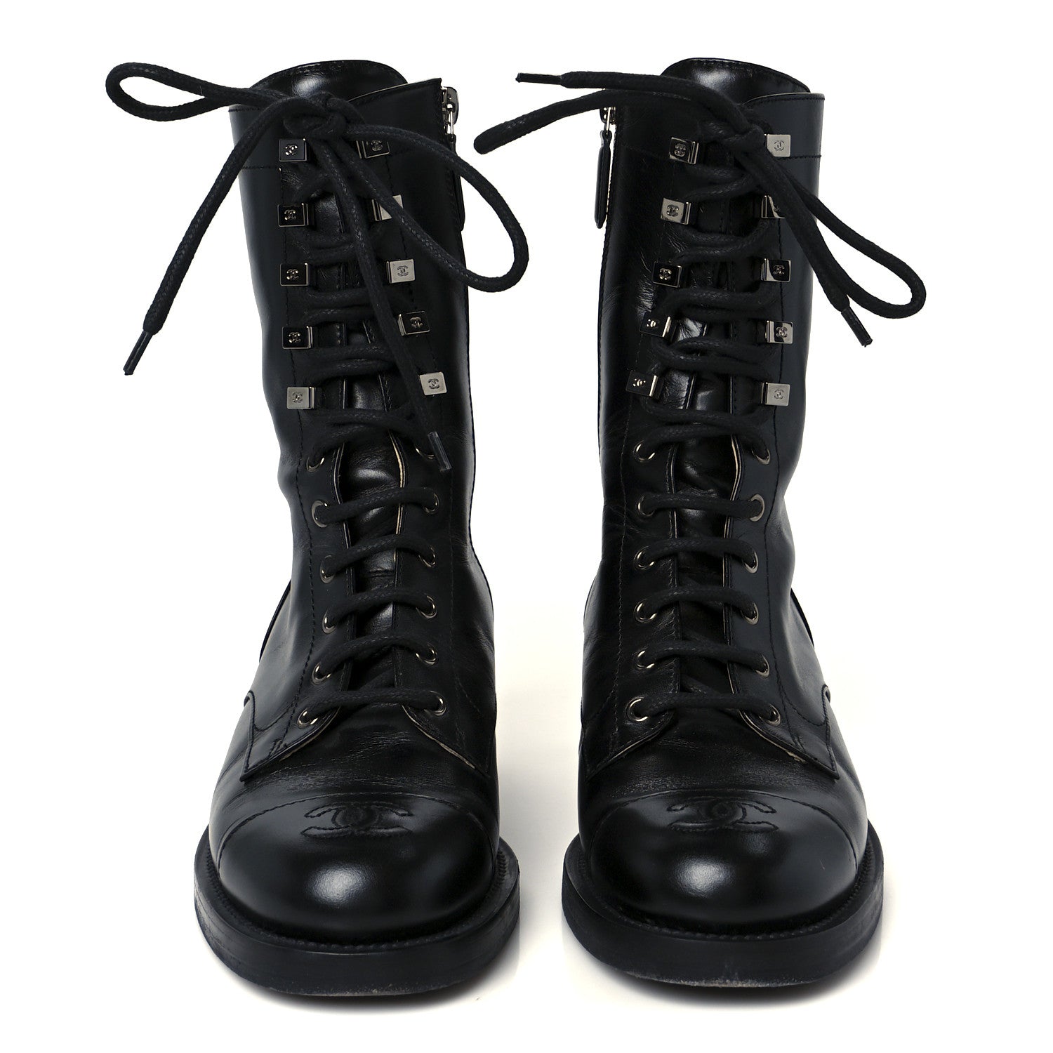 Chanel Calfskin Lace Up Combat Boots 38 Black