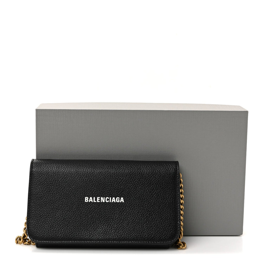 Balenciaga Grained Calfskin Logo Cash Phone Holder Wallet On Chain Black