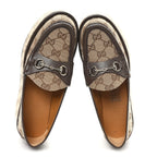 Gucci Monogram Horsebit Calfskin Womens Horsebit Wedge Platform Loafers 35.5 Beige Ebony