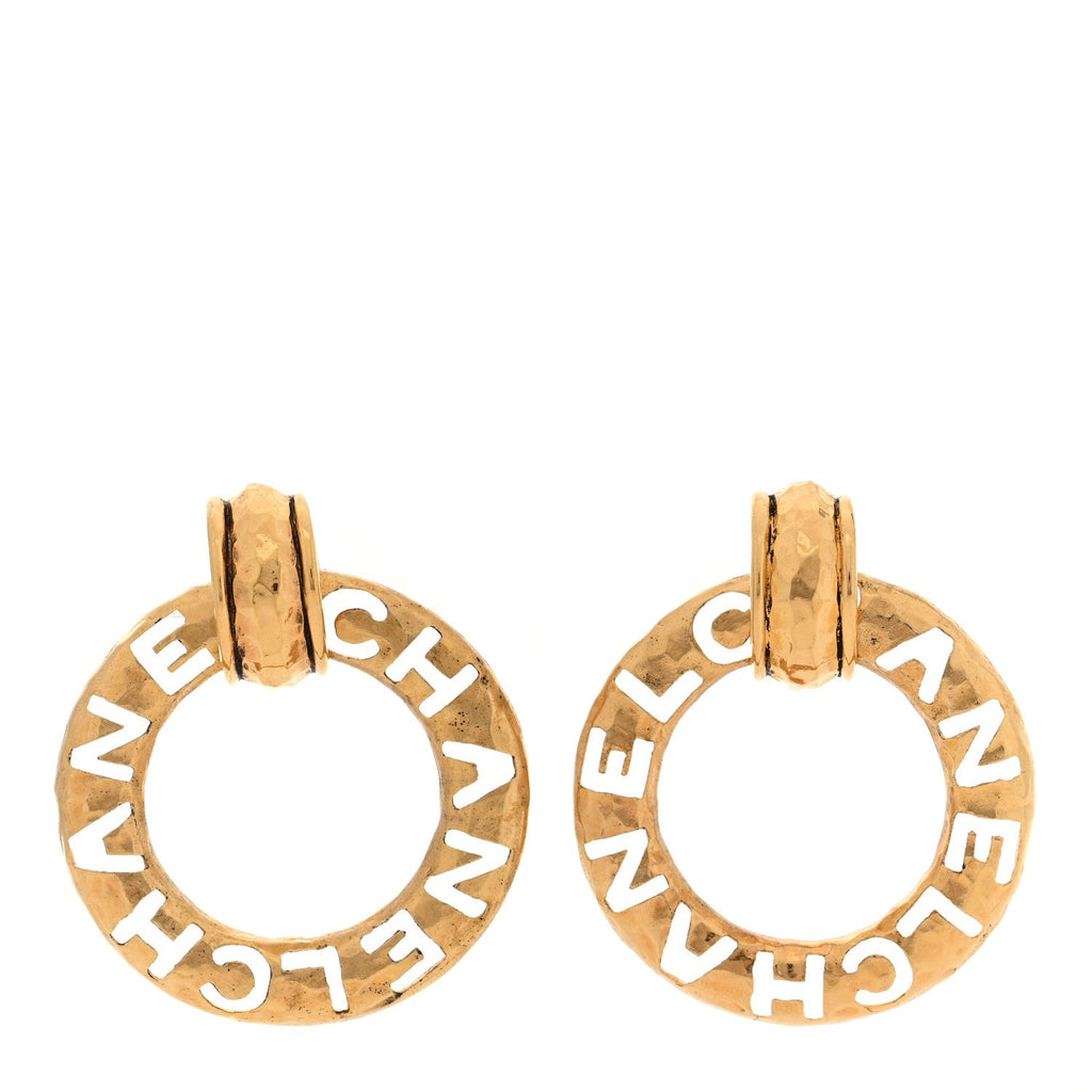 Chanel Hammered Metal Logo Cut Out Door Knocker Clip On Earrings Gold