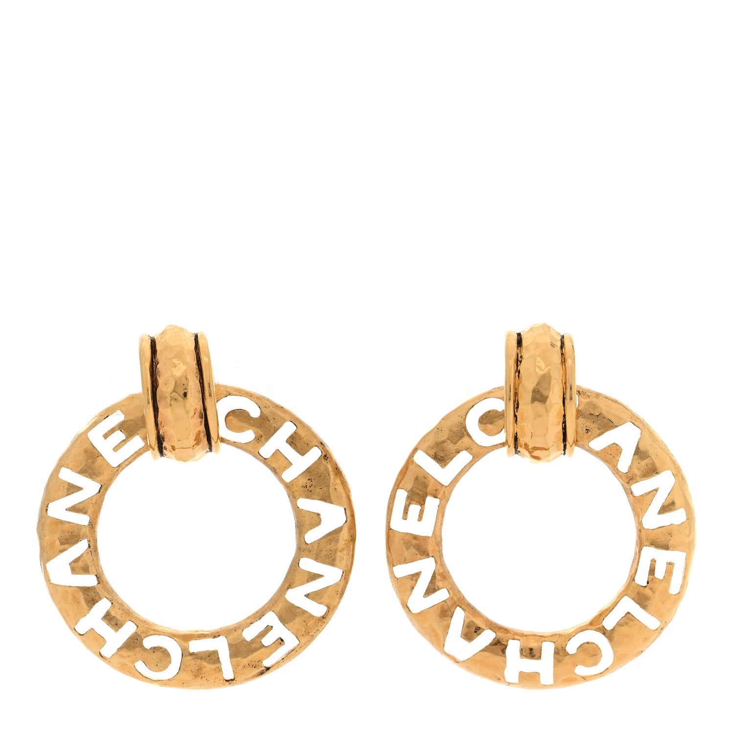 Chanel Hammered Metal Logo Cut Out Door Knocker Clip On Earrings Gold