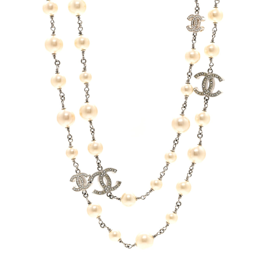 Chanel Graduated Pearl Crystal CC Long Necklace Silver