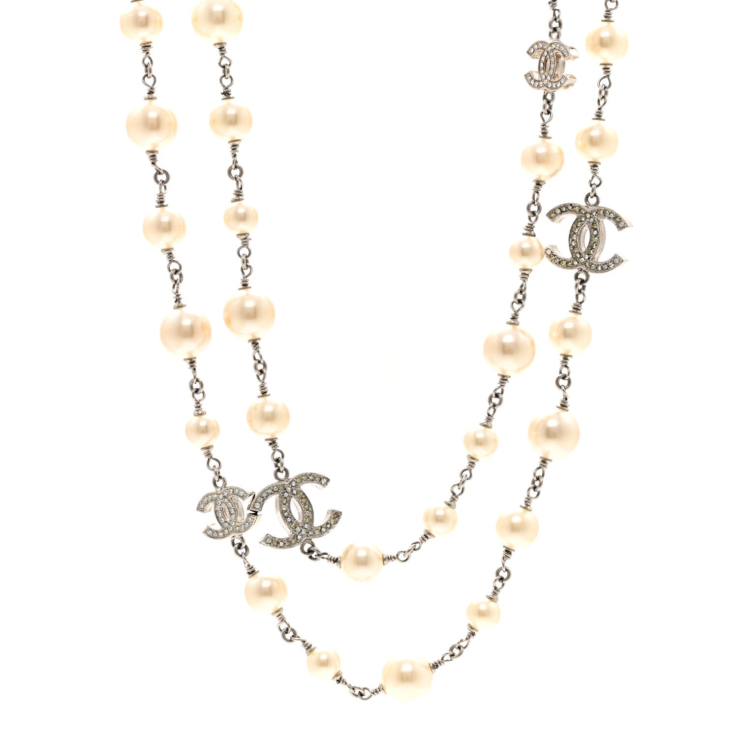 Chanel Graduated Pearl Crystal CC Long Necklace Silver