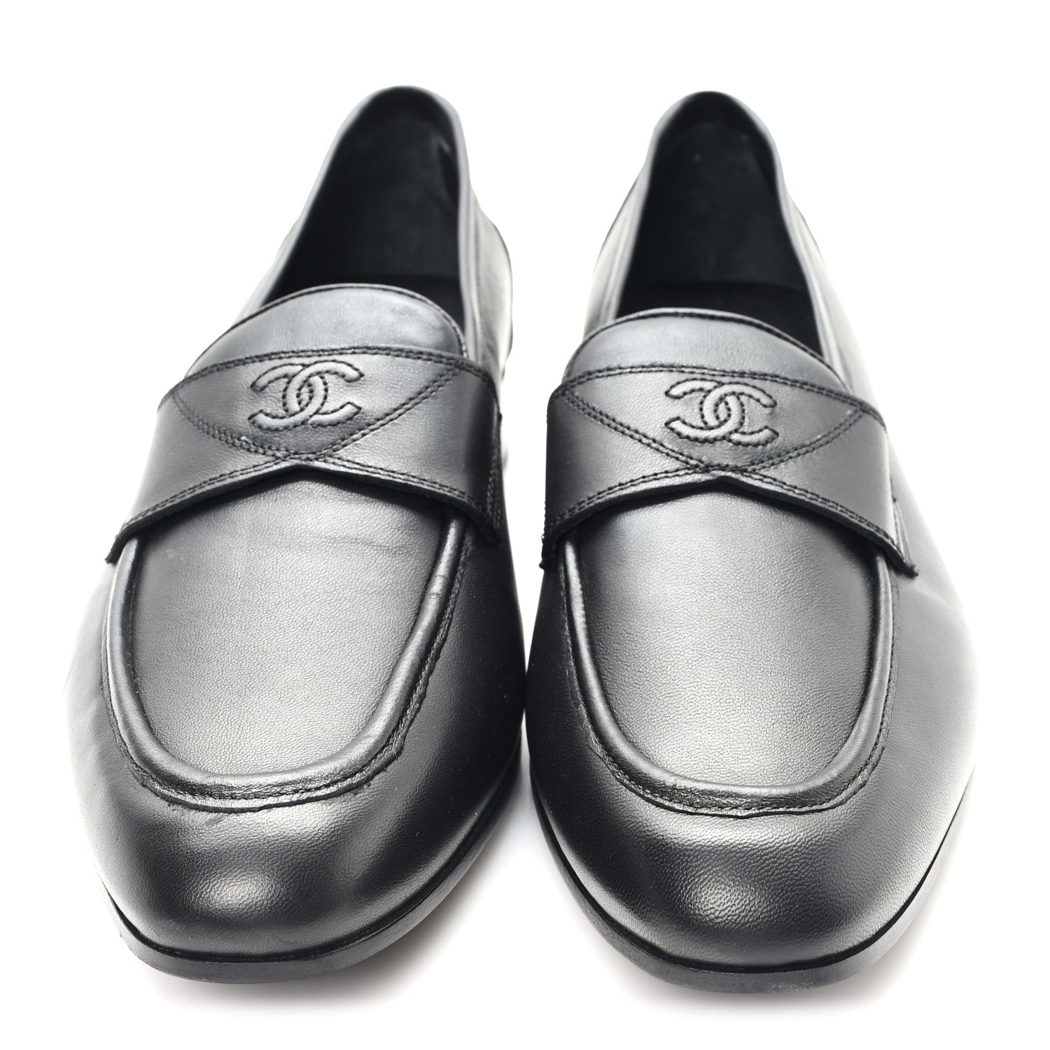 Chanel Lambskin Mens Stitched CC Loafers 42 Black