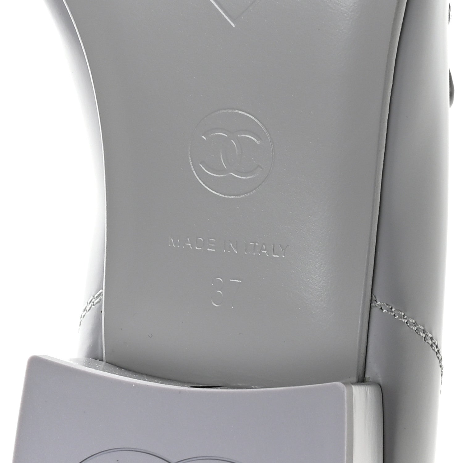 Chanel Shiny Calfskin Logo Loafers 37 Light Grey