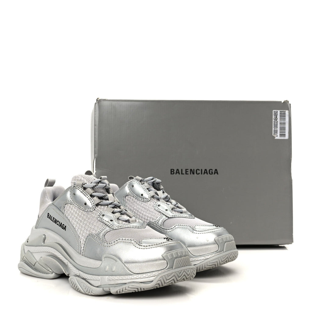 Balenciaga Metallic Fabric Mesh Womens Triple S Sneakers 39 Silver