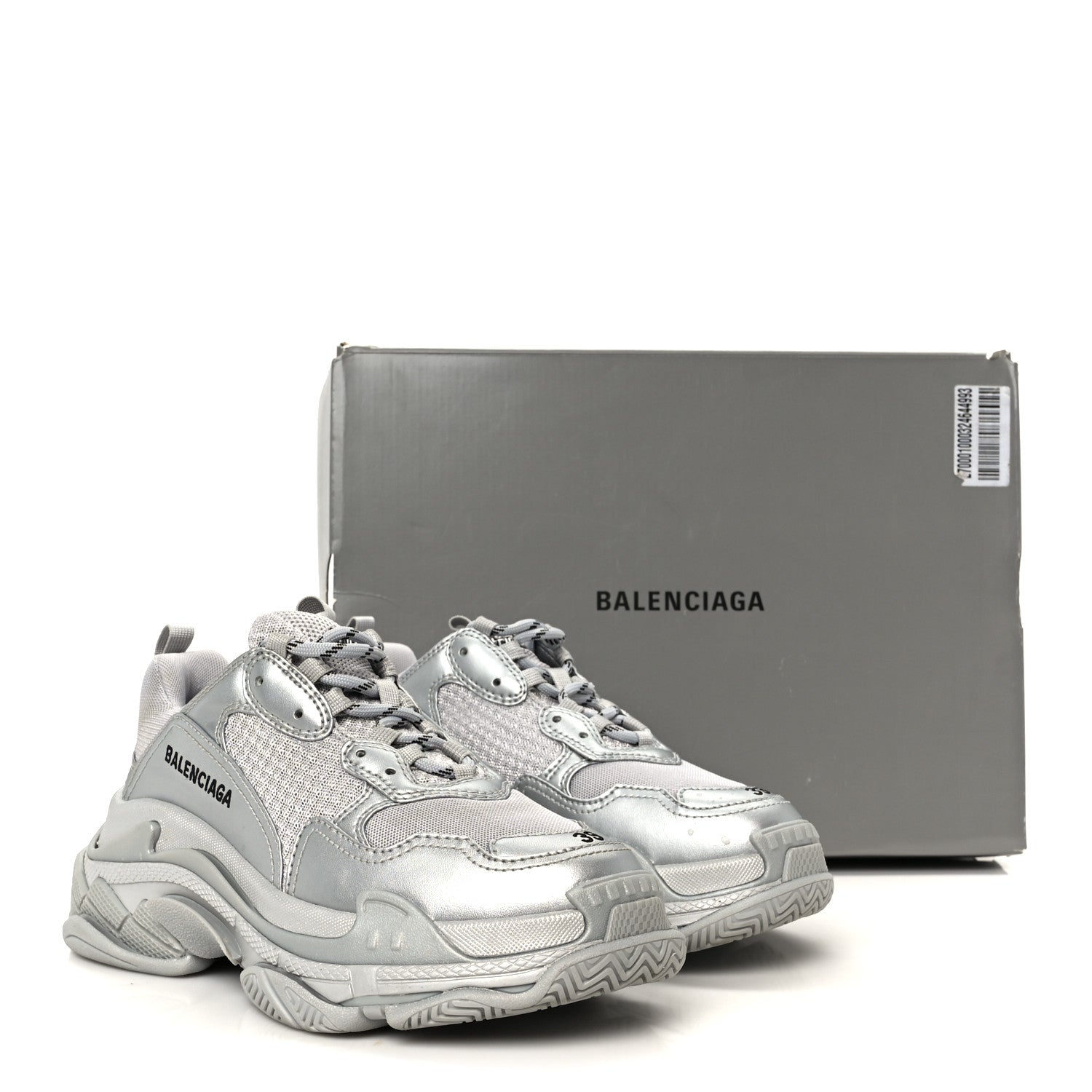 Balenciaga Metallic Fabric Mesh Womens Triple S Sneakers 39 Silver