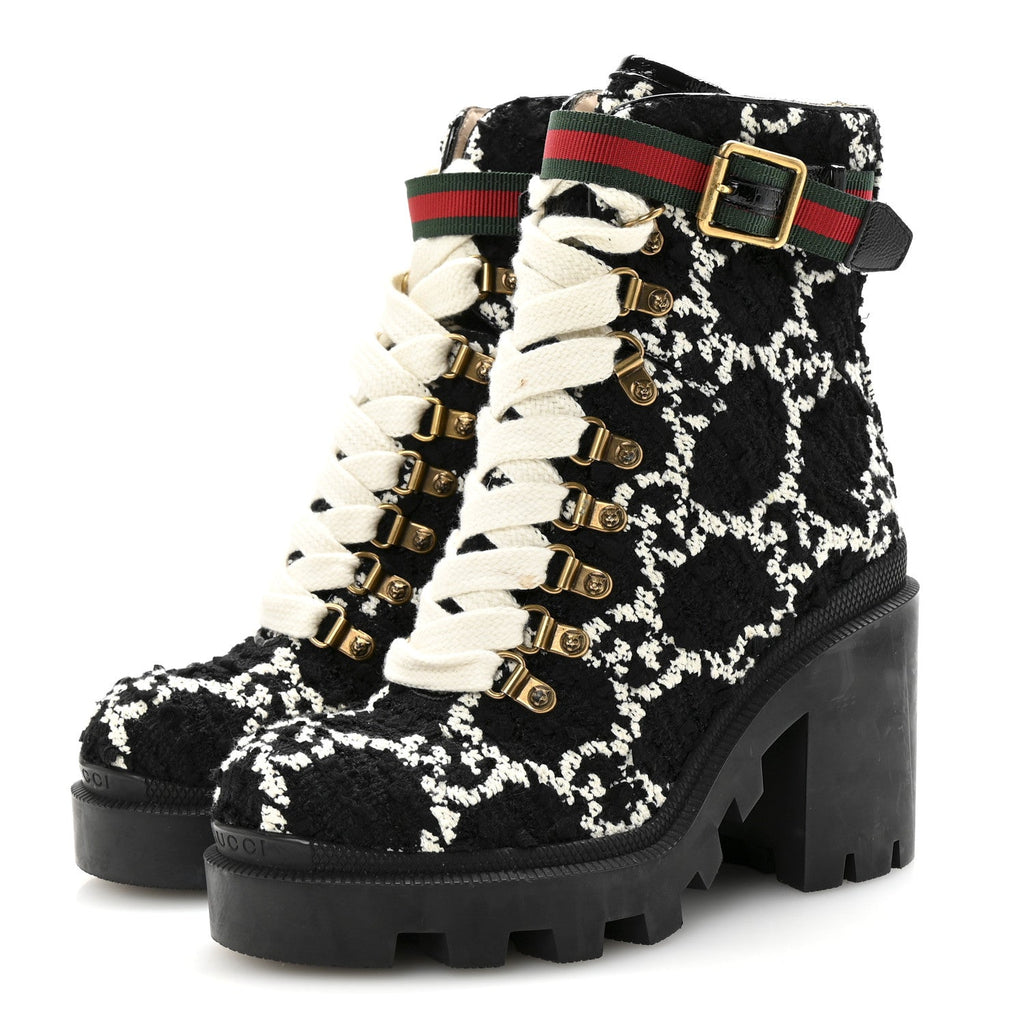 Gucci Tweed GG Monogram Lace Up Combat Ankle Boots 35.5 Black