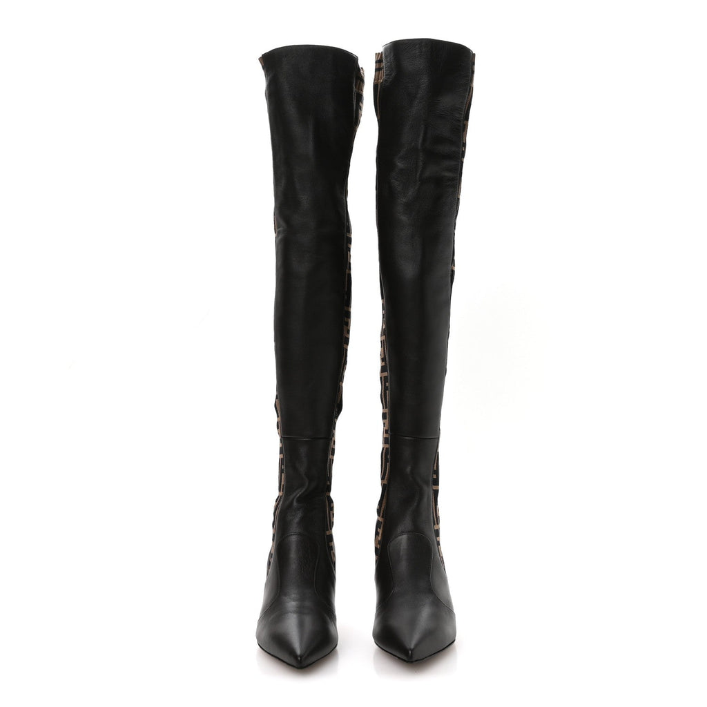 Fendi Nappa Microfiber Fabric FF Rockoko Thigh High Boots 37 Ebano Tobacco Black