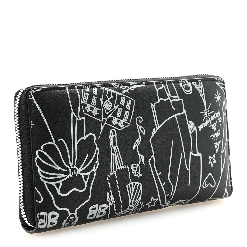 Balenciaga Calfskin Classic Silver Hardware Printed Tattoo Everyday Continental Zip Around Wallet Black