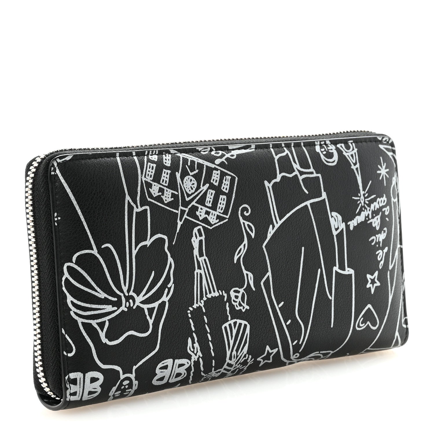 Balenciaga Calfskin Classic Silver Hardware Printed Tattoo Everyday Continental Zip Around Wallet Black