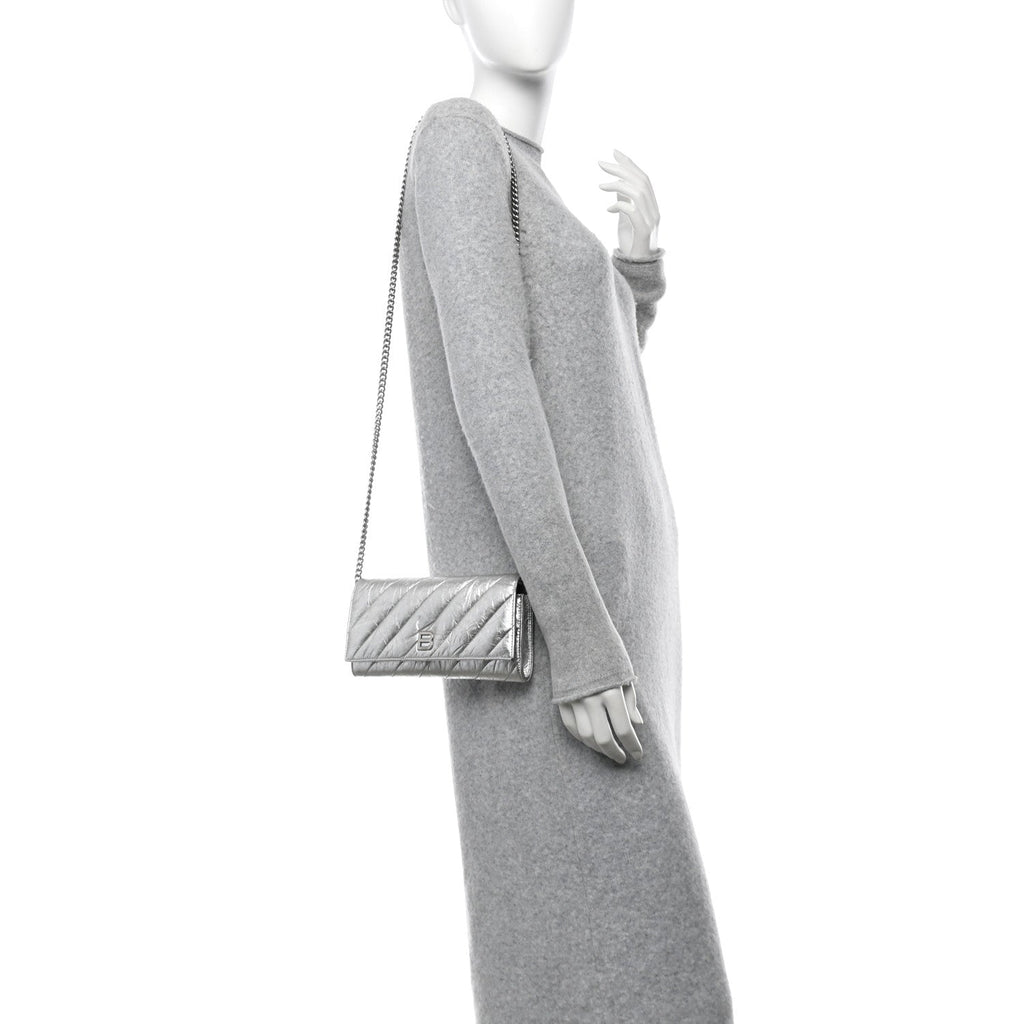 Balenciaga Metallic Calfskin Quilted Crush Wallet On Chain Silver
