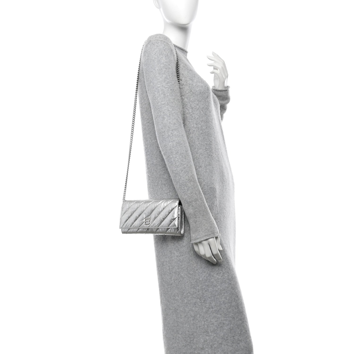 Balenciaga Metallic Calfskin Quilted Crush Wallet On Chain Silver