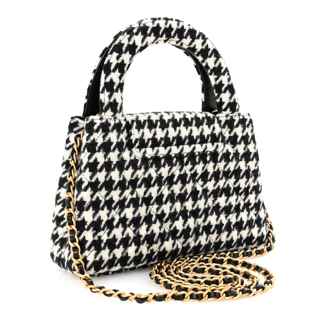 Chanel Tweed Houndstooth Quilted Nano Kelly Shopper Black White