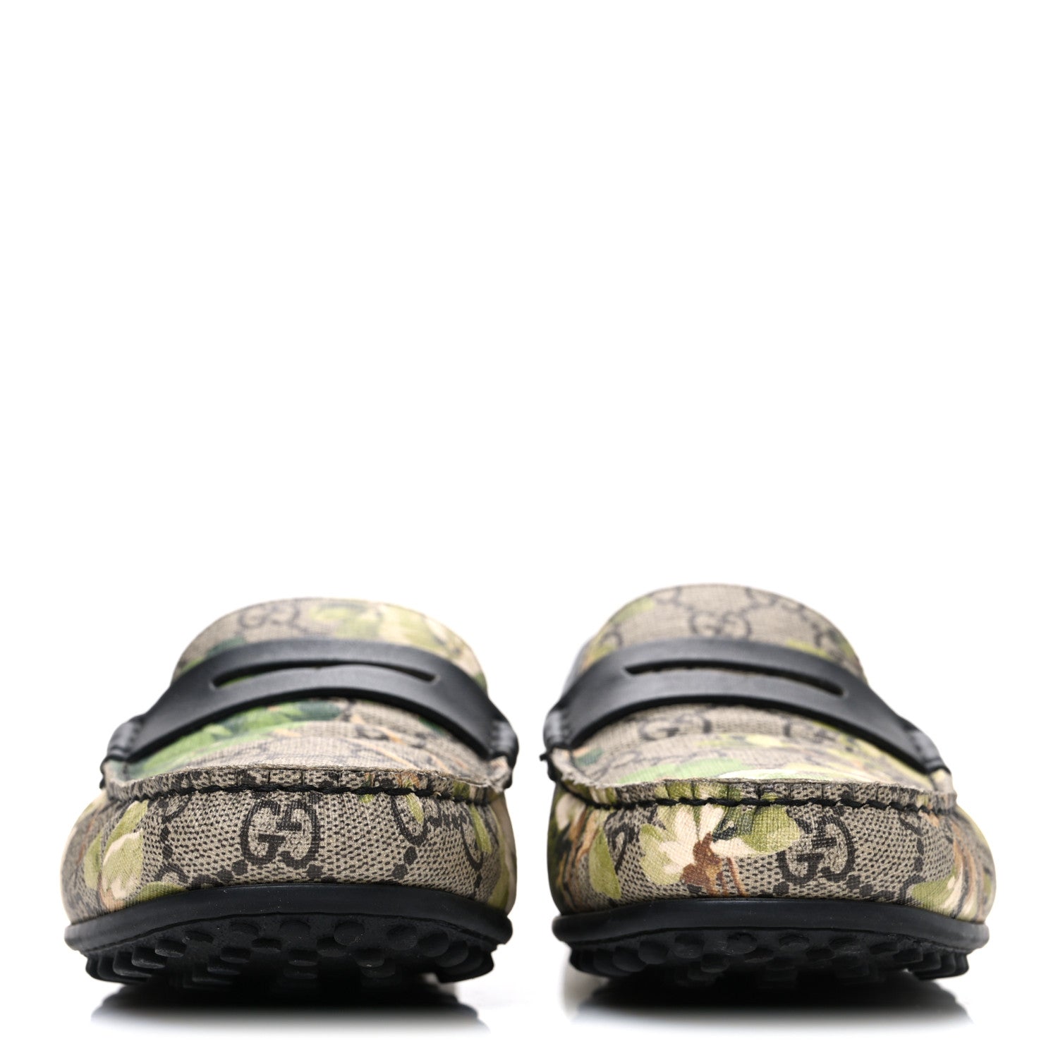 Gucci GG Supreme Monogram Blooms Mens Driver Loafers 7 Beige New Military Black