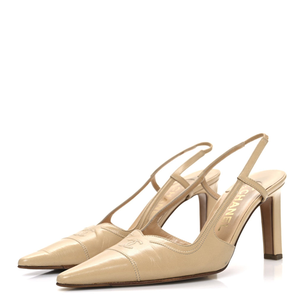 Chanel Lambskin Pointed Toe CC Slingback Heels 37 Beige