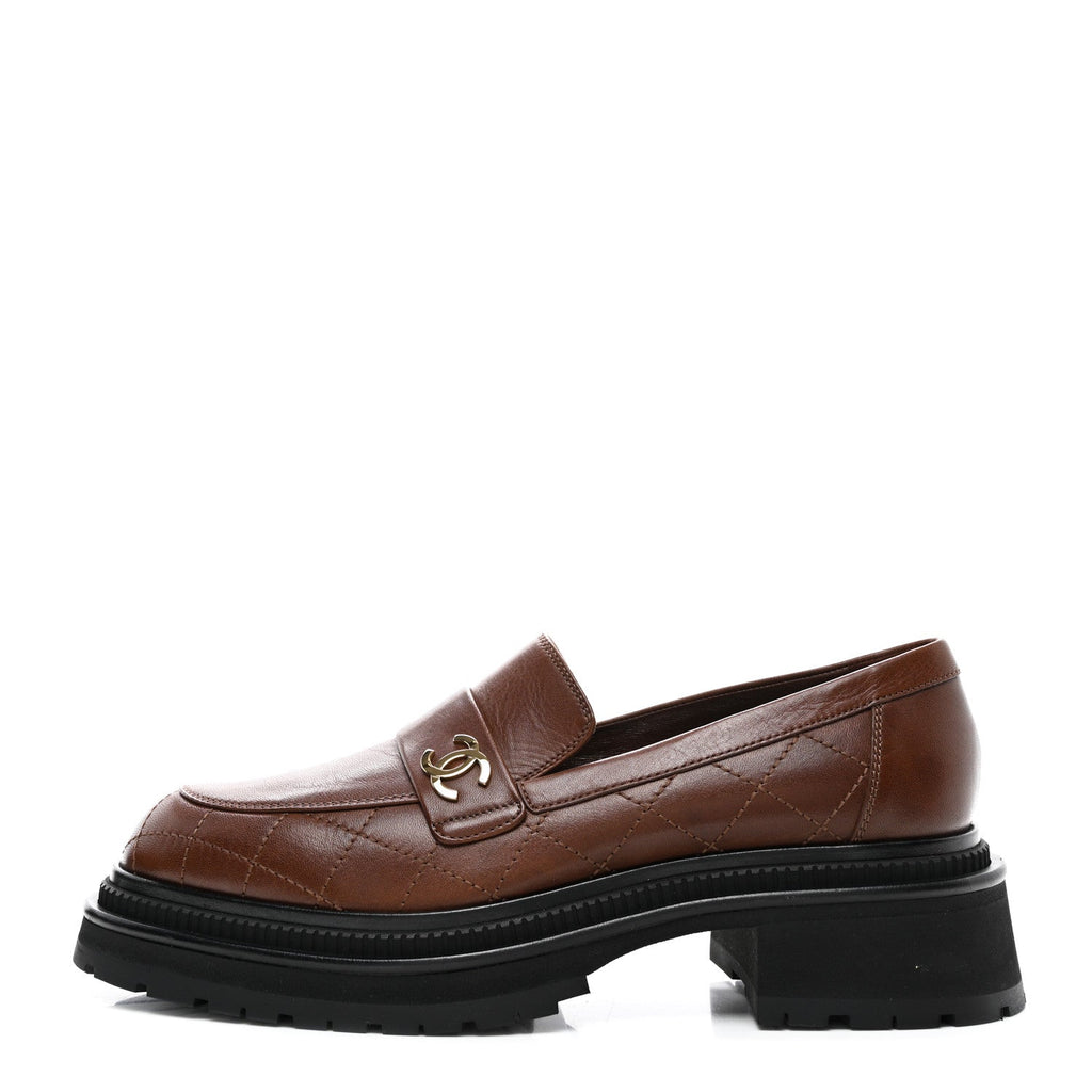 Chanel Calfskin Quilted CC Mocassin Loafers 42 Brown